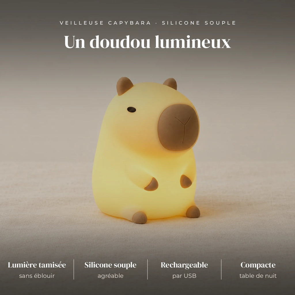 Veilleuse capybara enfant rechargeable : silicone souple, lumière douce et tamisée, rechargeable USB