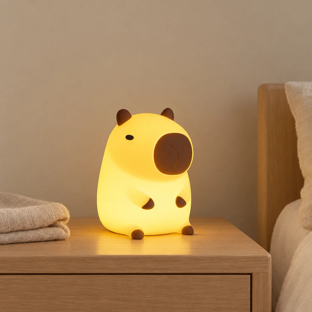 Veilleuse capybara enfant rechargeable allumée sur une table de chevet en chêne dans une chambre d’enfant