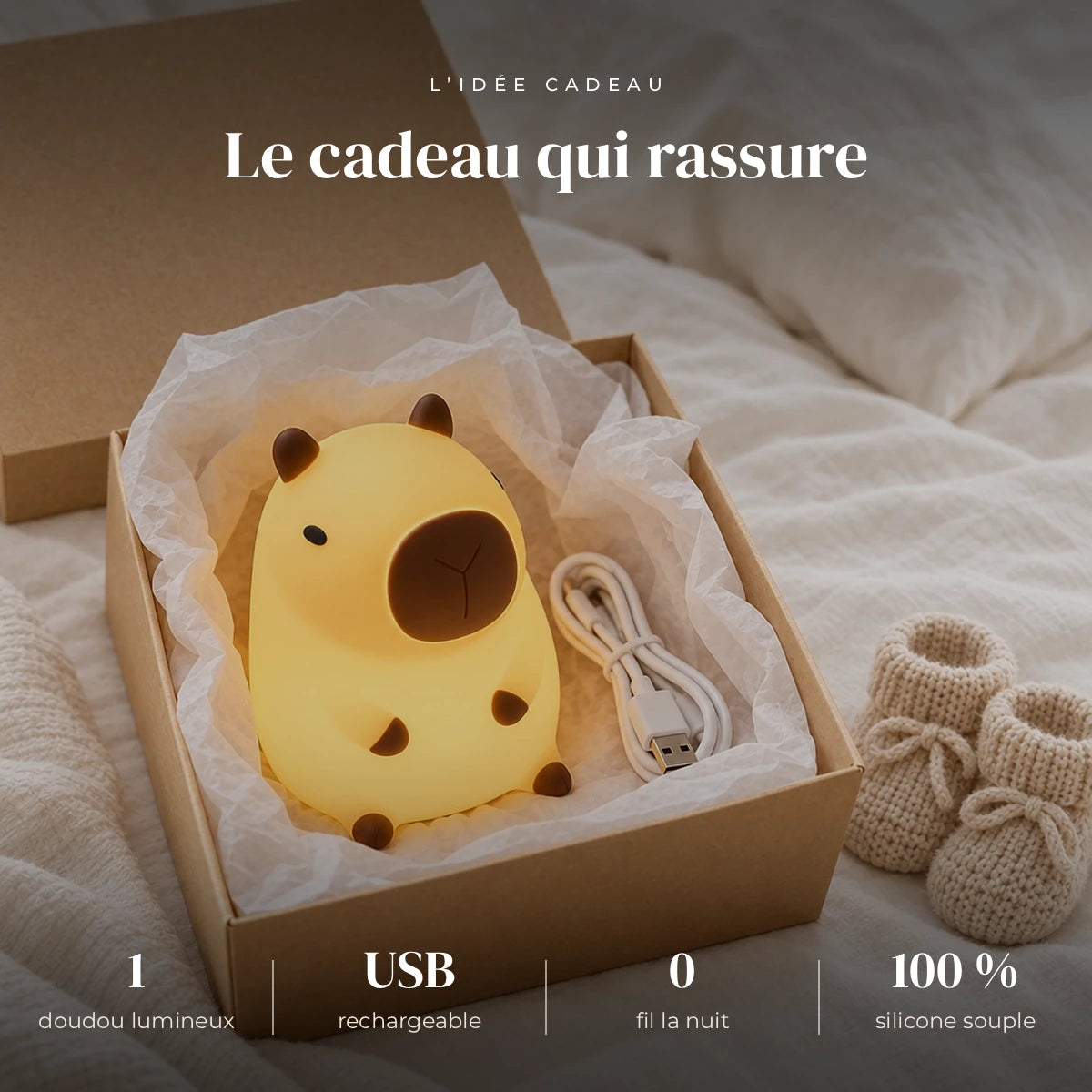 Veilleuse capybara enfant rechargeable dans sa boîte cadeau, idée cadeau de naissance