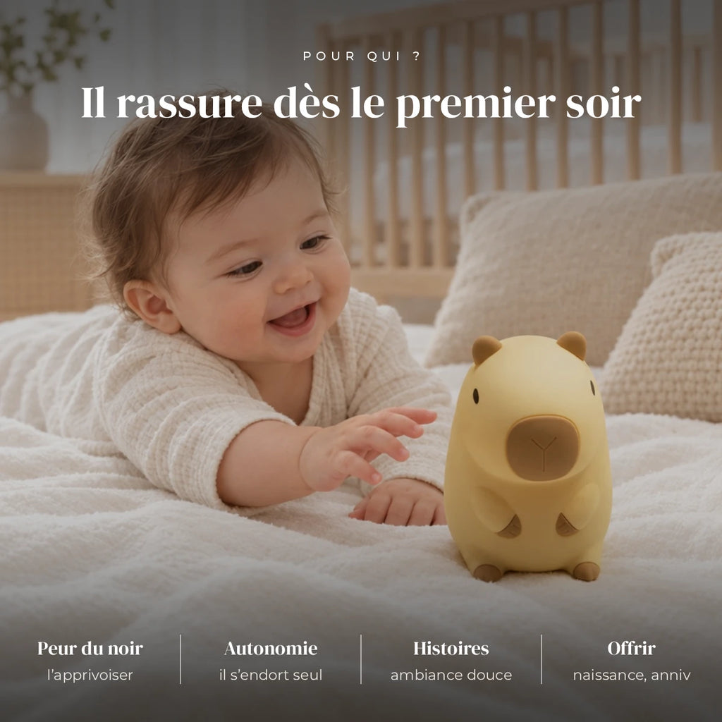 Veilleuse capybara enfant rechargeable utilisée la nuit dans la chambre de bébé