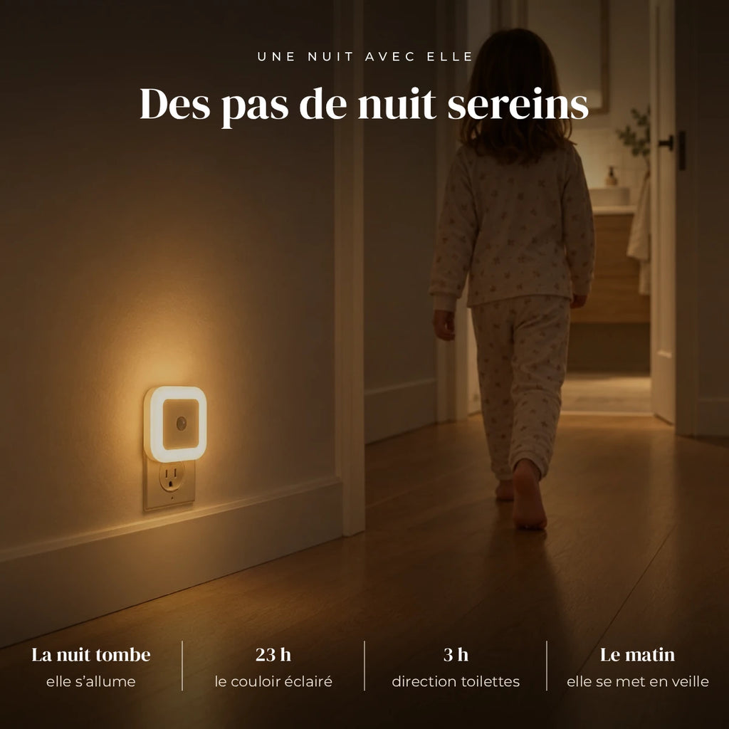 Veilleuse prise avec capteur jour nuit qui éclaire doucement la chambre pendant que l’enfant dort