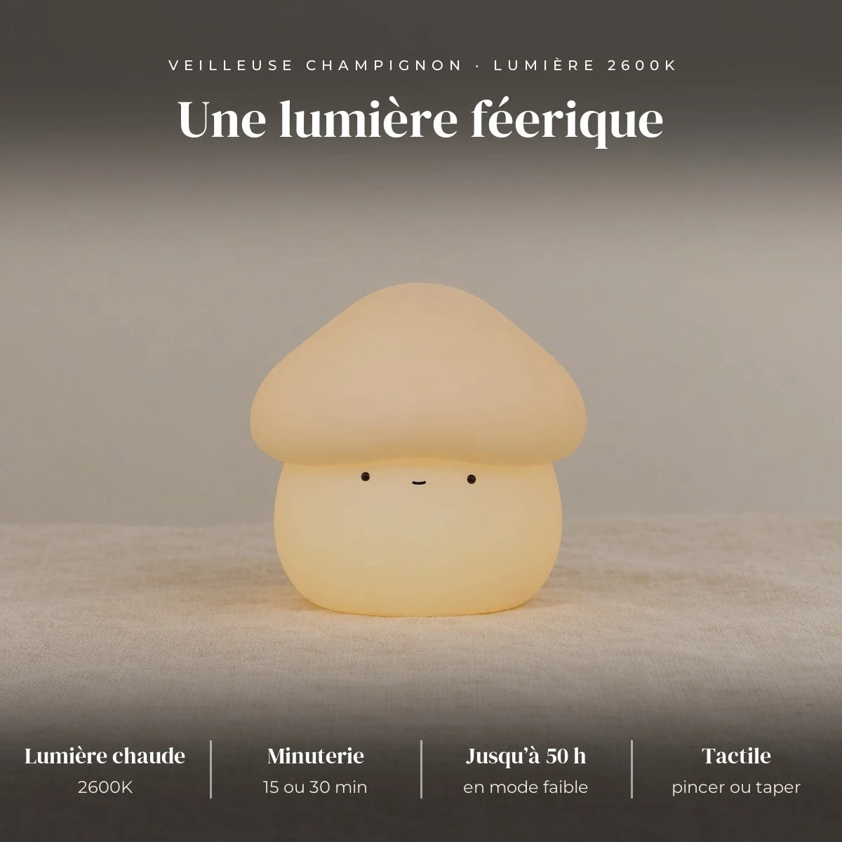 Veilleuse champignon tactile : ABS et silicone doux, blanc chaud 2600K, 2 niveaux, 15 ou 30 minutes