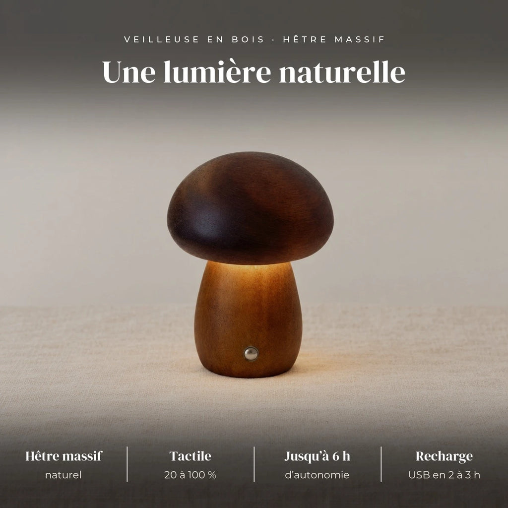 Veilleuse champignon en bois : bois de hêtre massif, réglage continu 20 à 100 %, tactile, 600 mAh, jusqu’à 6 h