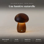 Veilleuse champignon en bois : bois de hêtre massif, réglage continu 20 à 100 %, tactile, 600 mAh, jusqu’à 6 h
