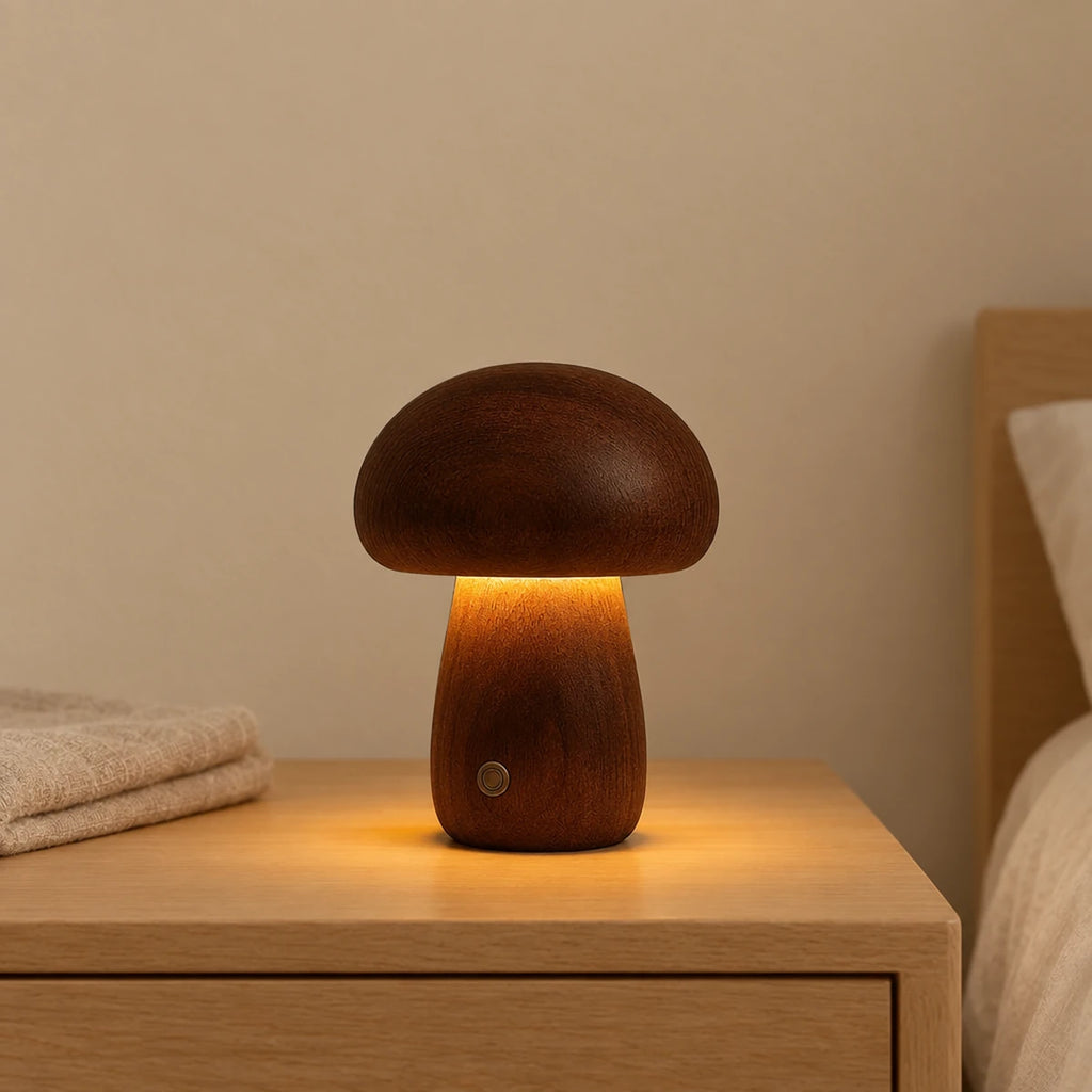 Veilleuse champignon en bois allumée sur une table de chevet en chêne dans une chambre d’enfant