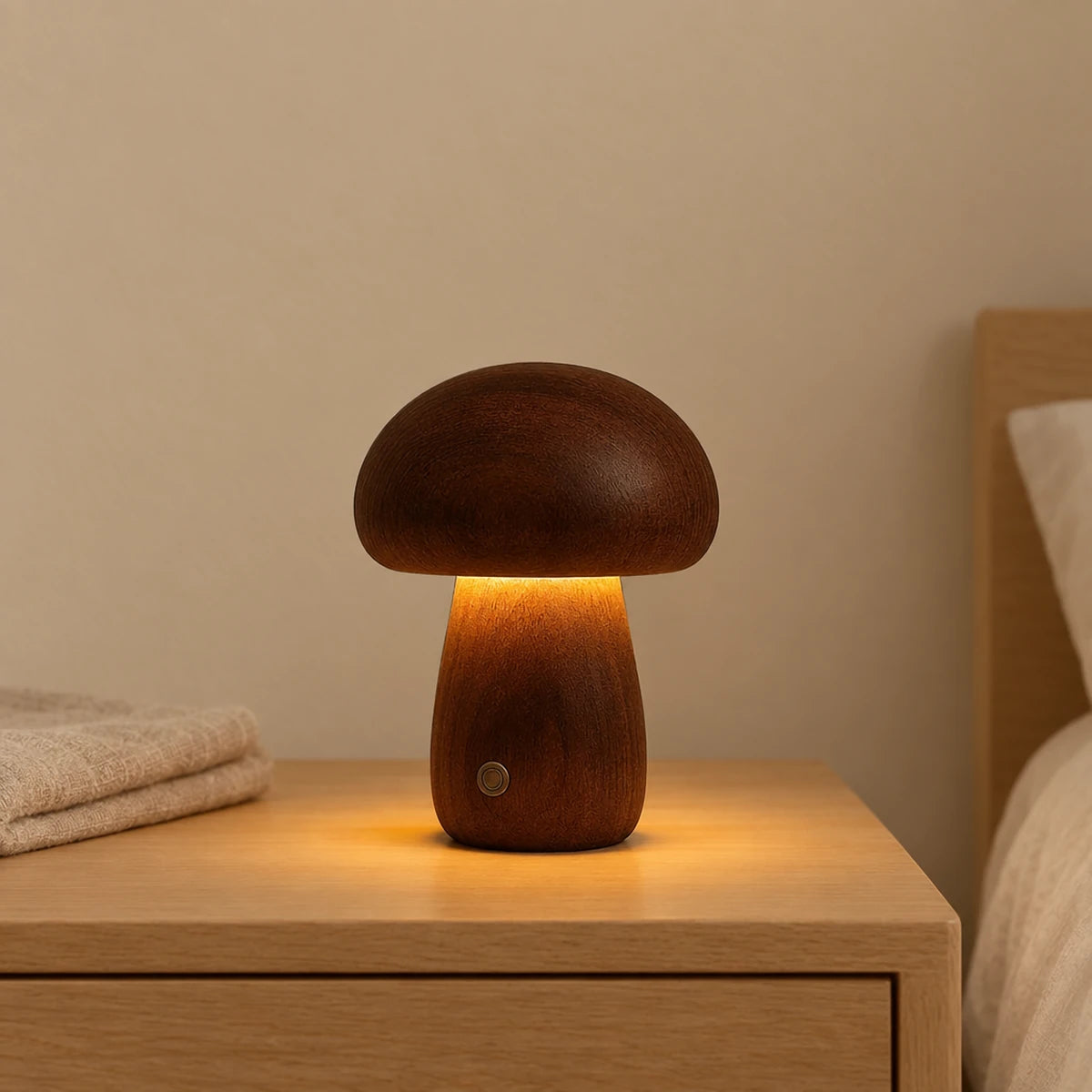 Veilleuse champignon en bois allumée sur une table de chevet en chêne dans une chambre d’enfant