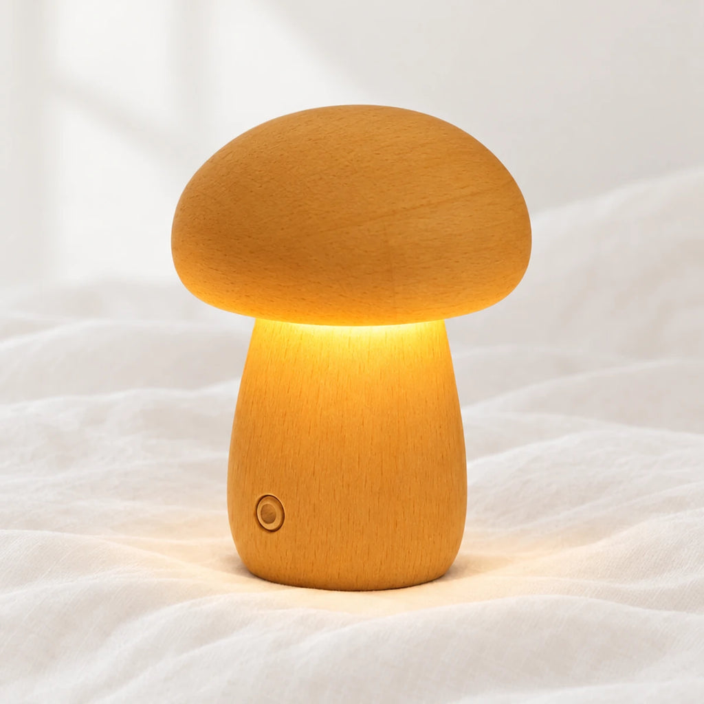 Veilleuse champignon en bois en gros plan sur un drap blanc