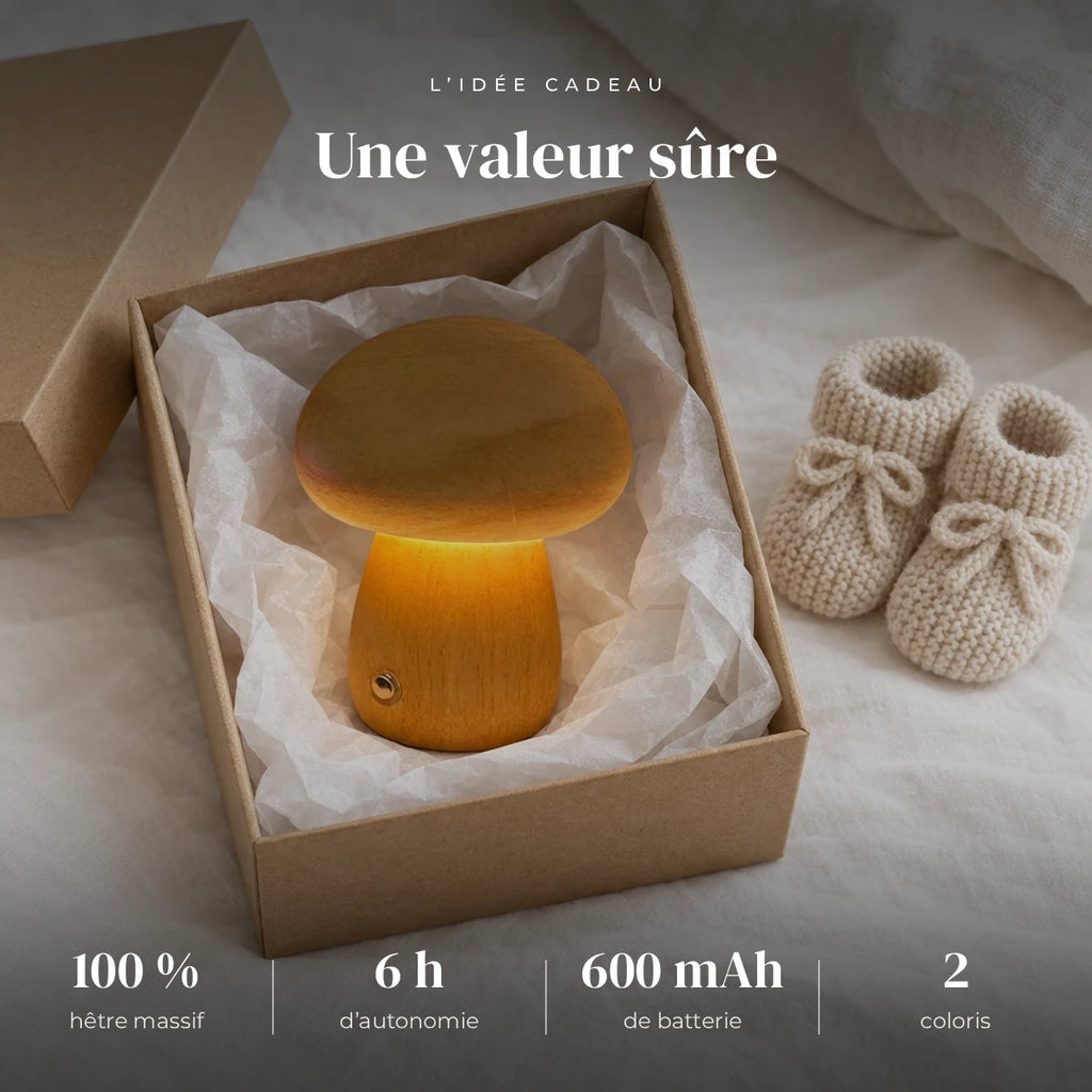 Veilleuse champignon en bois dans sa boîte cadeau, idée cadeau de naissance