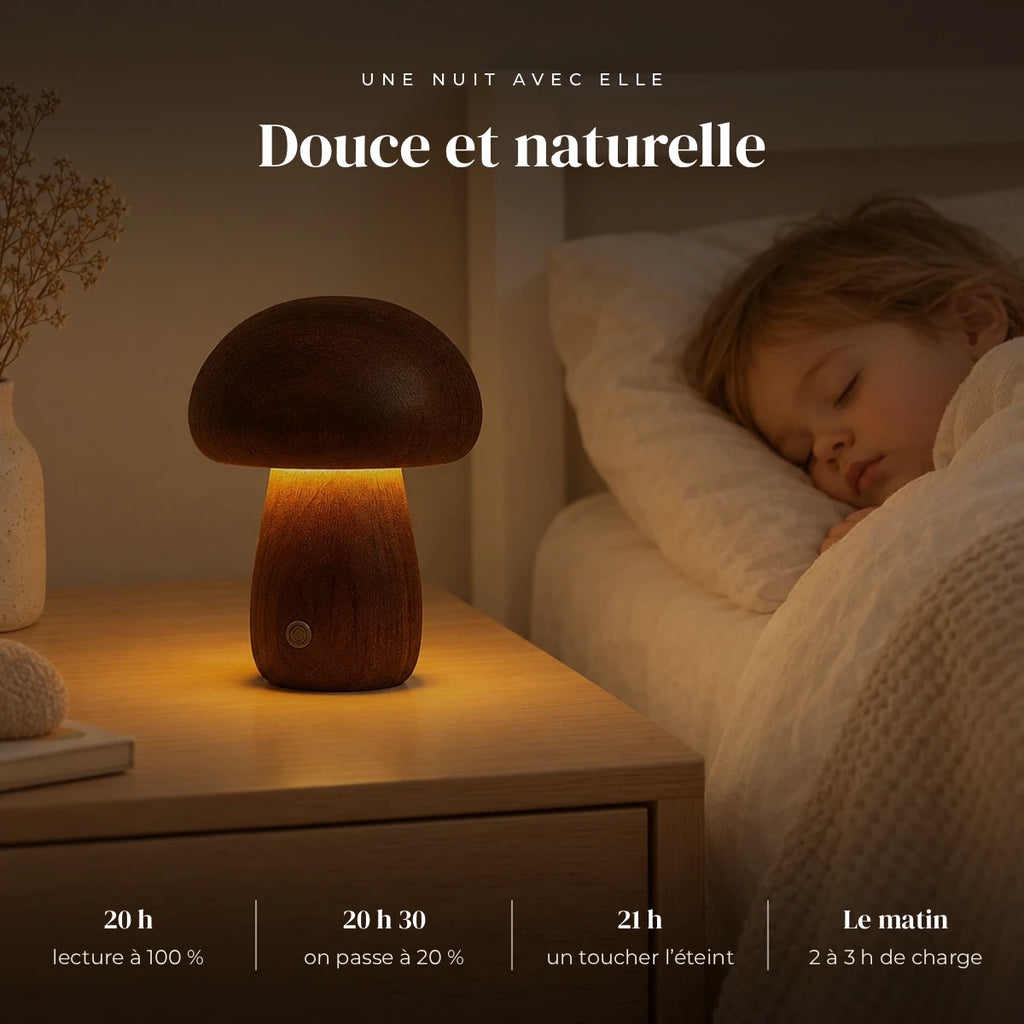 Veilleuse champignon en bois qui éclaire doucement la chambre pendant que l’enfant dort