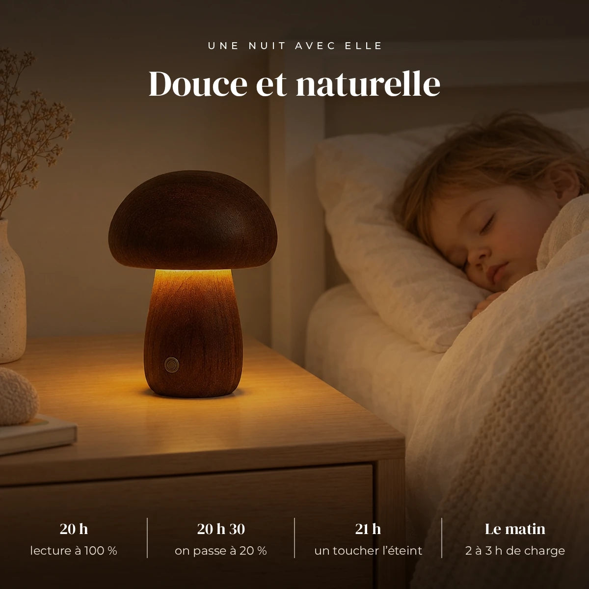 Veilleuse champignon en bois qui éclaire doucement la chambre pendant que l’enfant dort