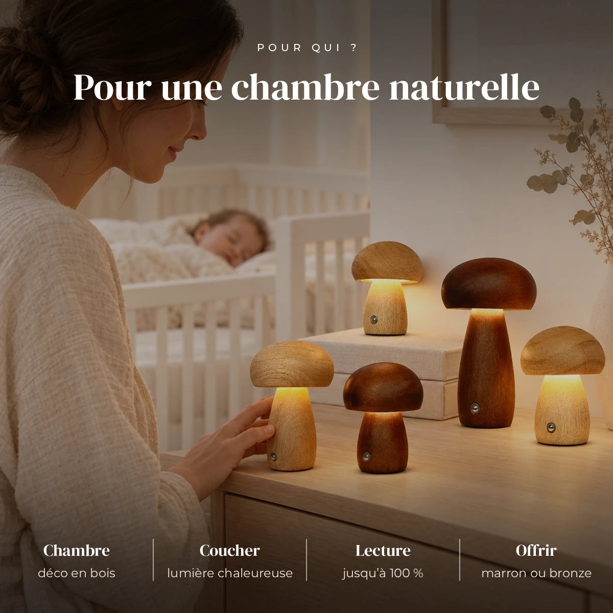 Veilleuse champignon en bois utilisée la nuit dans la chambre de bébé