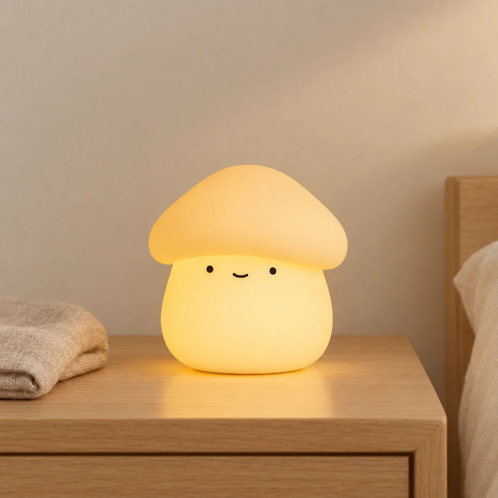 Veilleuse champignon tactile allumée sur une table de chevet en chêne dans une chambre d’enfant