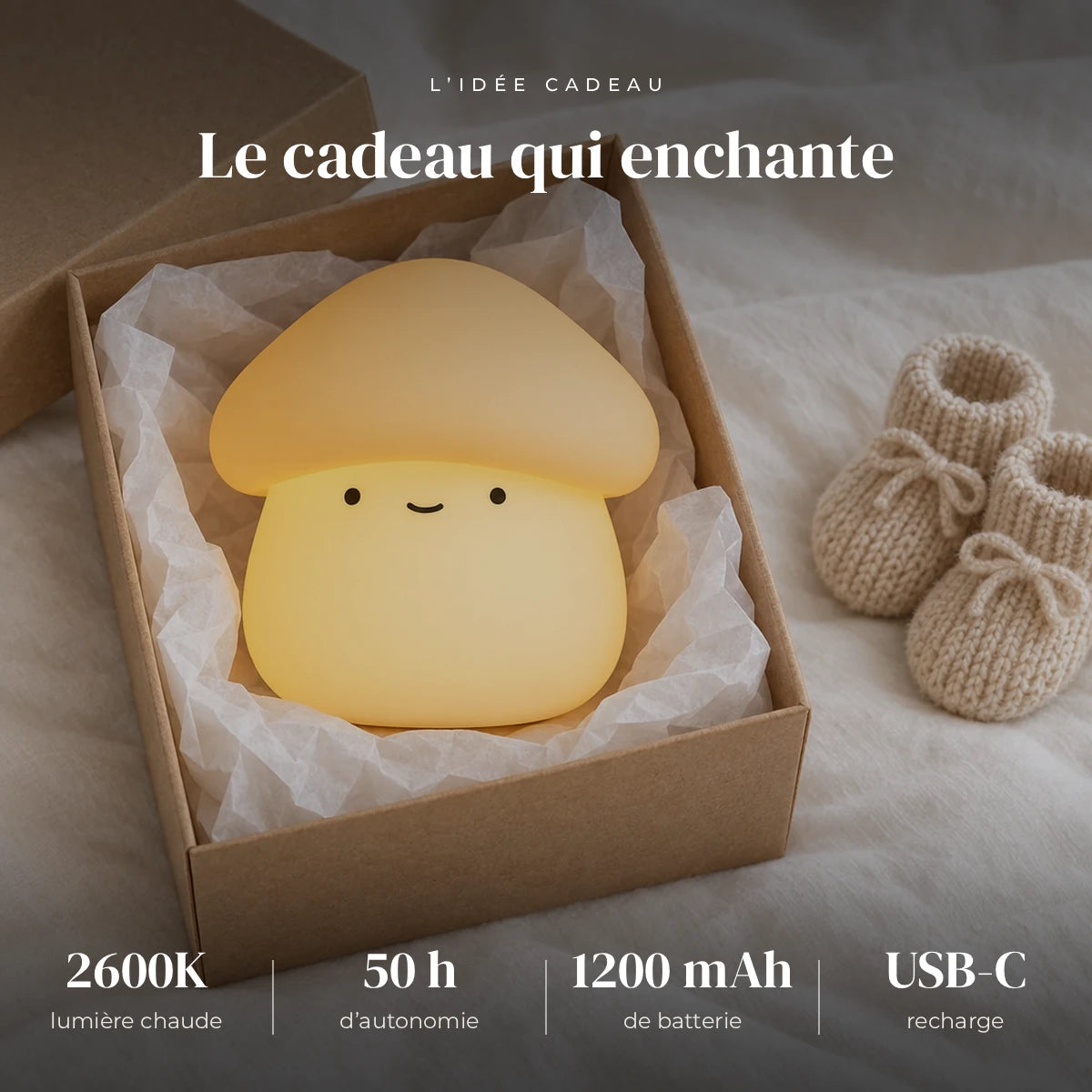 Veilleuse champignon tactile dans sa boîte cadeau, idée cadeau de naissance