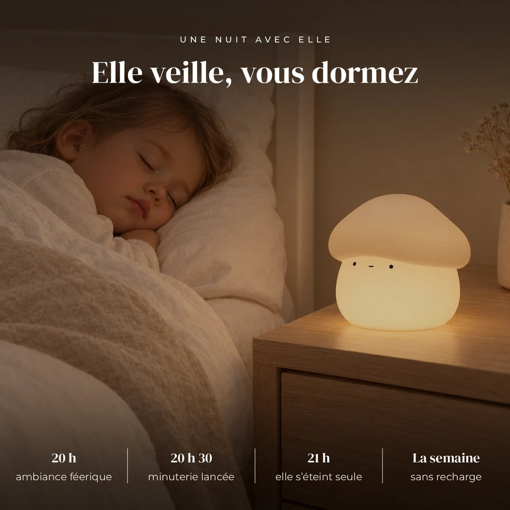 Veilleuse champignon tactile qui éclaire doucement la chambre pendant que l’enfant dort