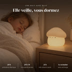 Veilleuse champignon tactile qui éclaire doucement la chambre pendant que l’enfant dort