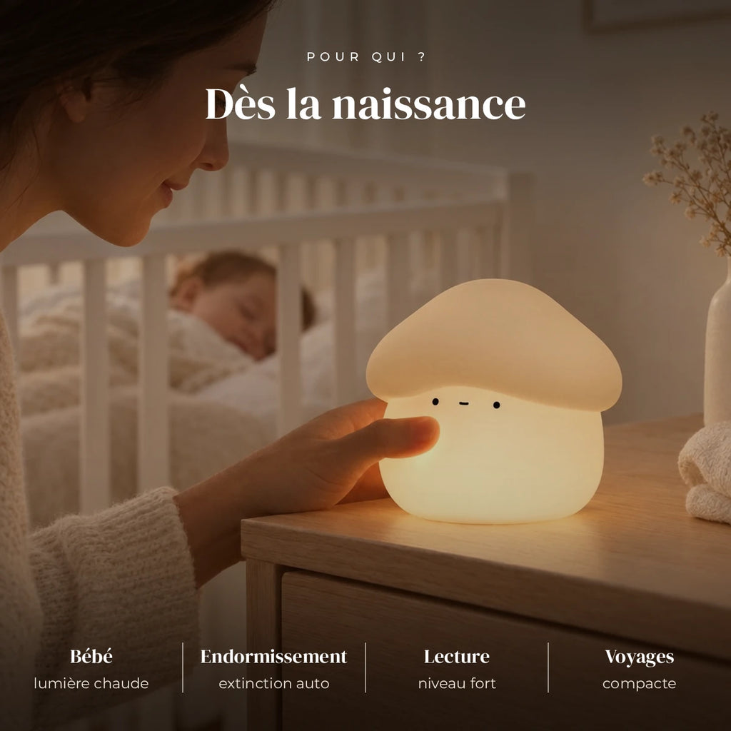 Veilleuse champignon tactile utilisée la nuit dans la chambre de bébé