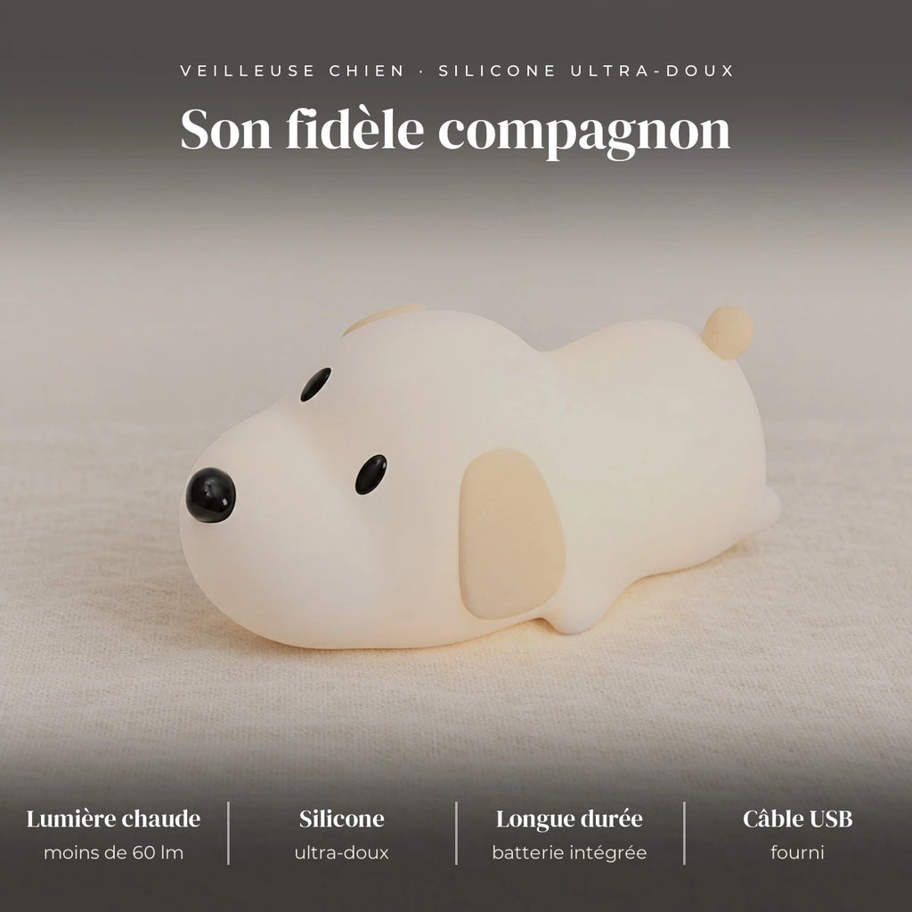 Veilleuse chien bébé en silicone : silicone souple, lumière chaude, moins de 60 lumens, batterie intégrée, rechargeable USB