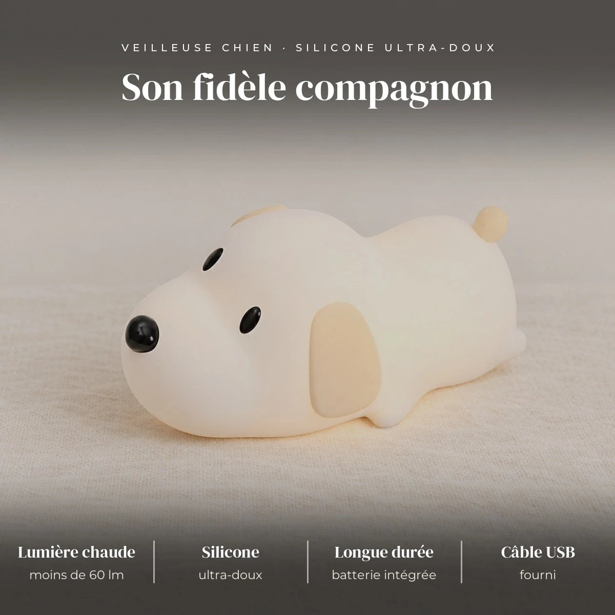 Veilleuse chien bébé en silicone : silicone souple, lumière chaude, moins de 60 lumens, batterie intégrée, rechargeable USB