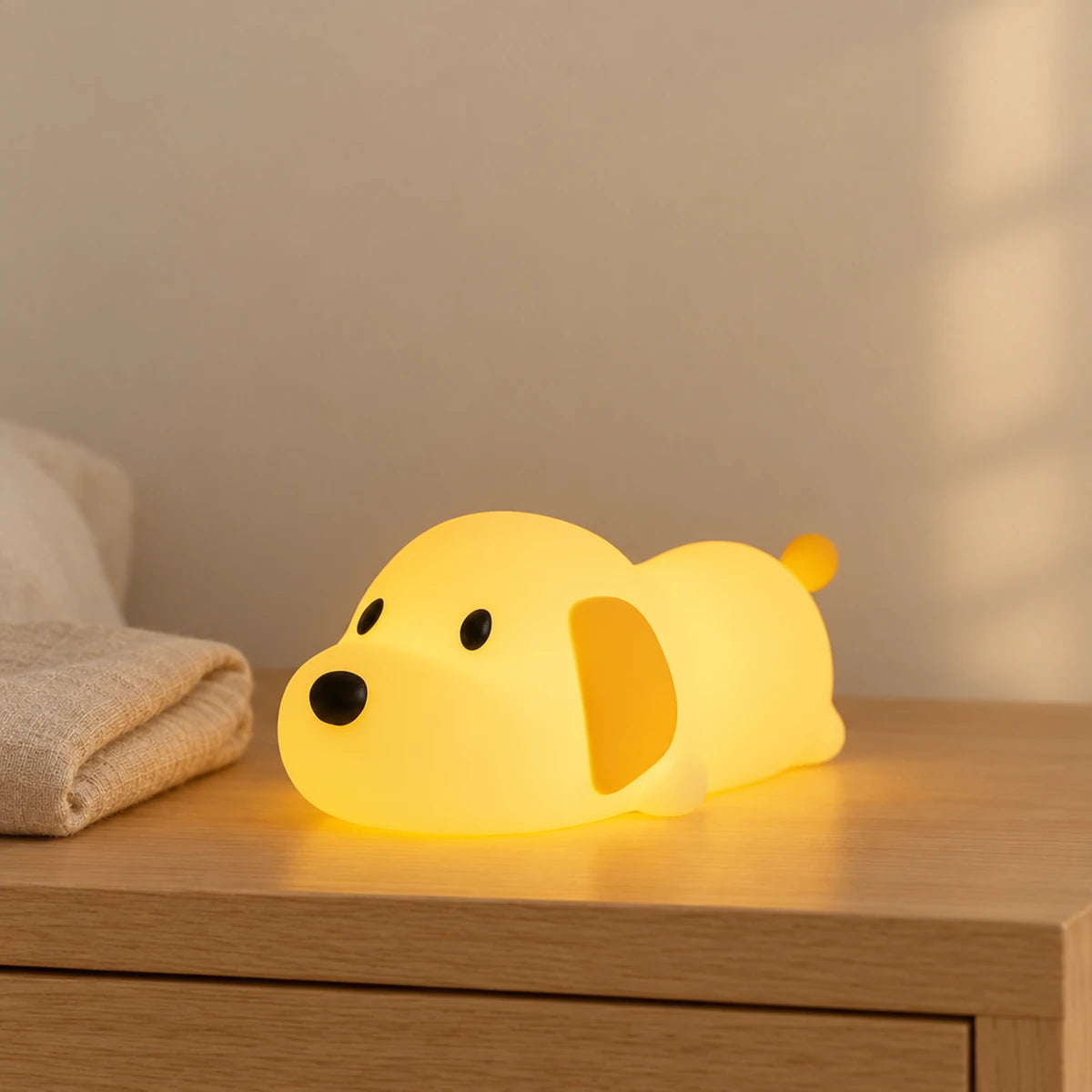 Veilleuse chien bébé en silicone allumée sur une table de chevet en chêne dans une chambre d’enfant