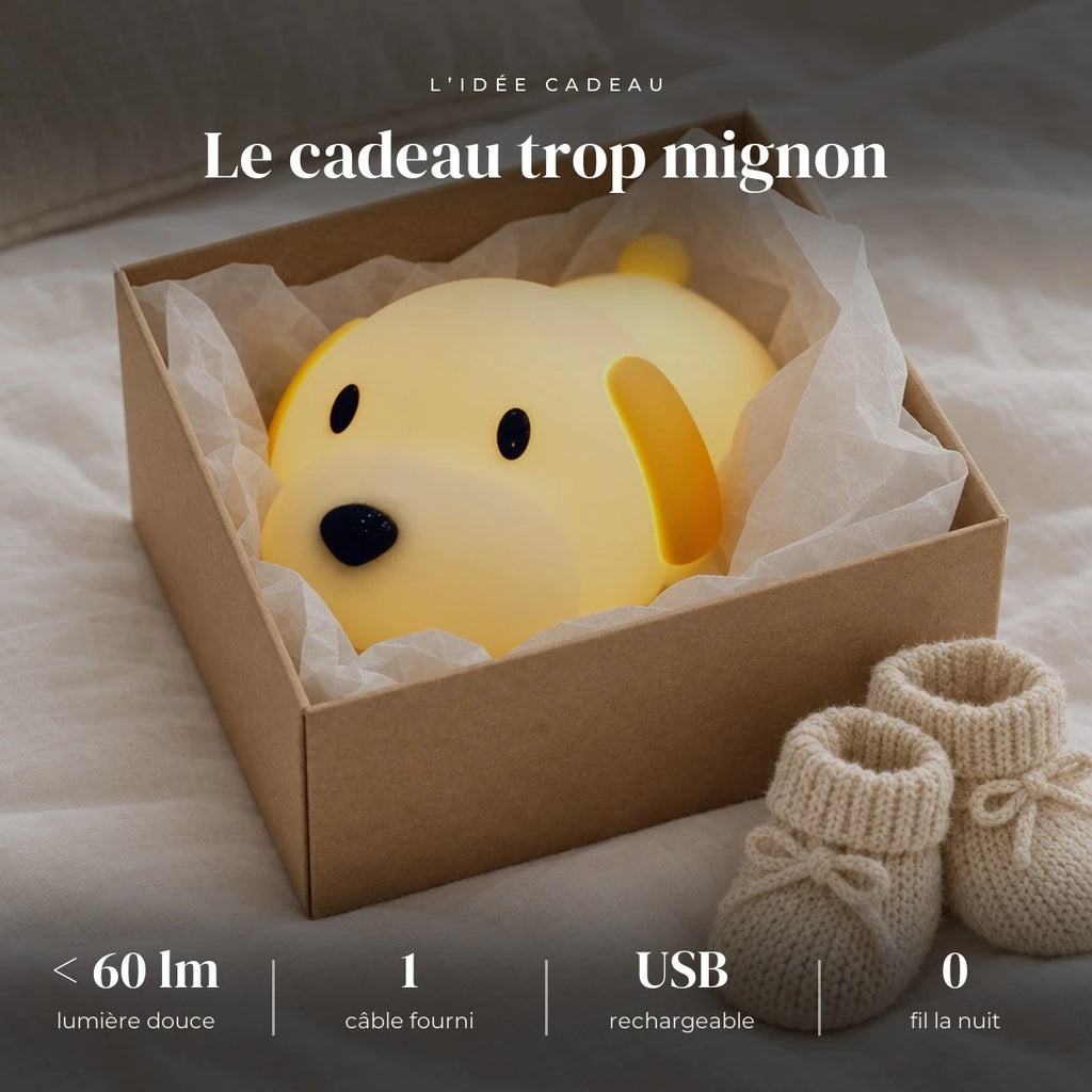 Veilleuse chien bébé en silicone dans sa boîte cadeau, idée cadeau de naissance