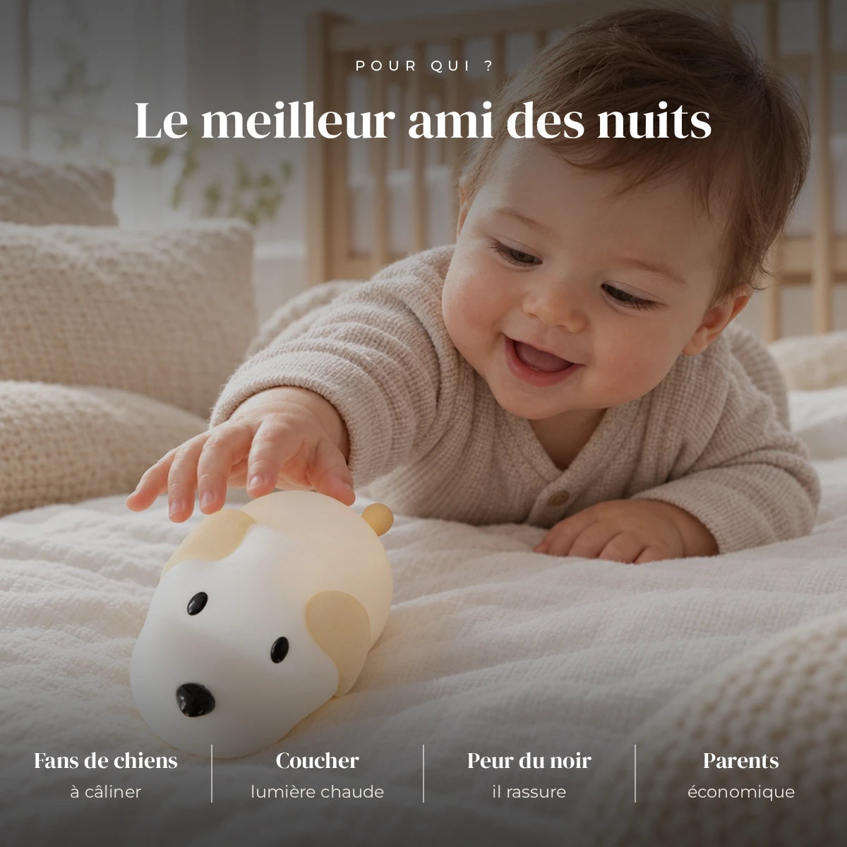 Veilleuse chien bébé en silicone utilisée la nuit dans la chambre de bébé