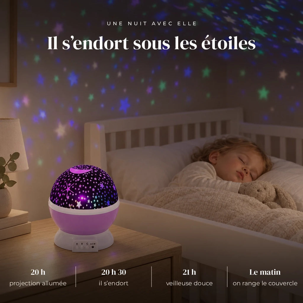 Veilleuse étoile projection plafond qui éclaire doucement la chambre pendant que l’enfant dort