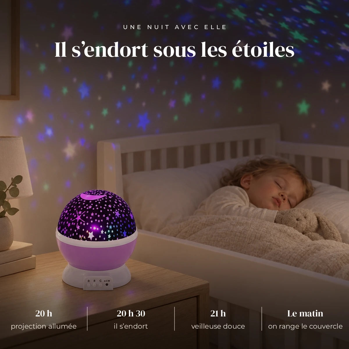 Veilleuse étoile projection plafond qui éclaire doucement la chambre pendant que l’enfant dort