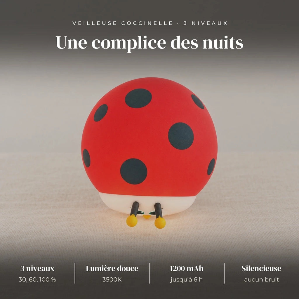 Veilleuse coccinelle rouge tactile : ABS et silicone, LED 3500K, 3 niveaux (30, 60, 100 %), pression sur la coque