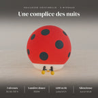 Veilleuse coccinelle rouge tactile : ABS et silicone, LED 3500K, 3 niveaux (30, 60, 100 %), pression sur la coque