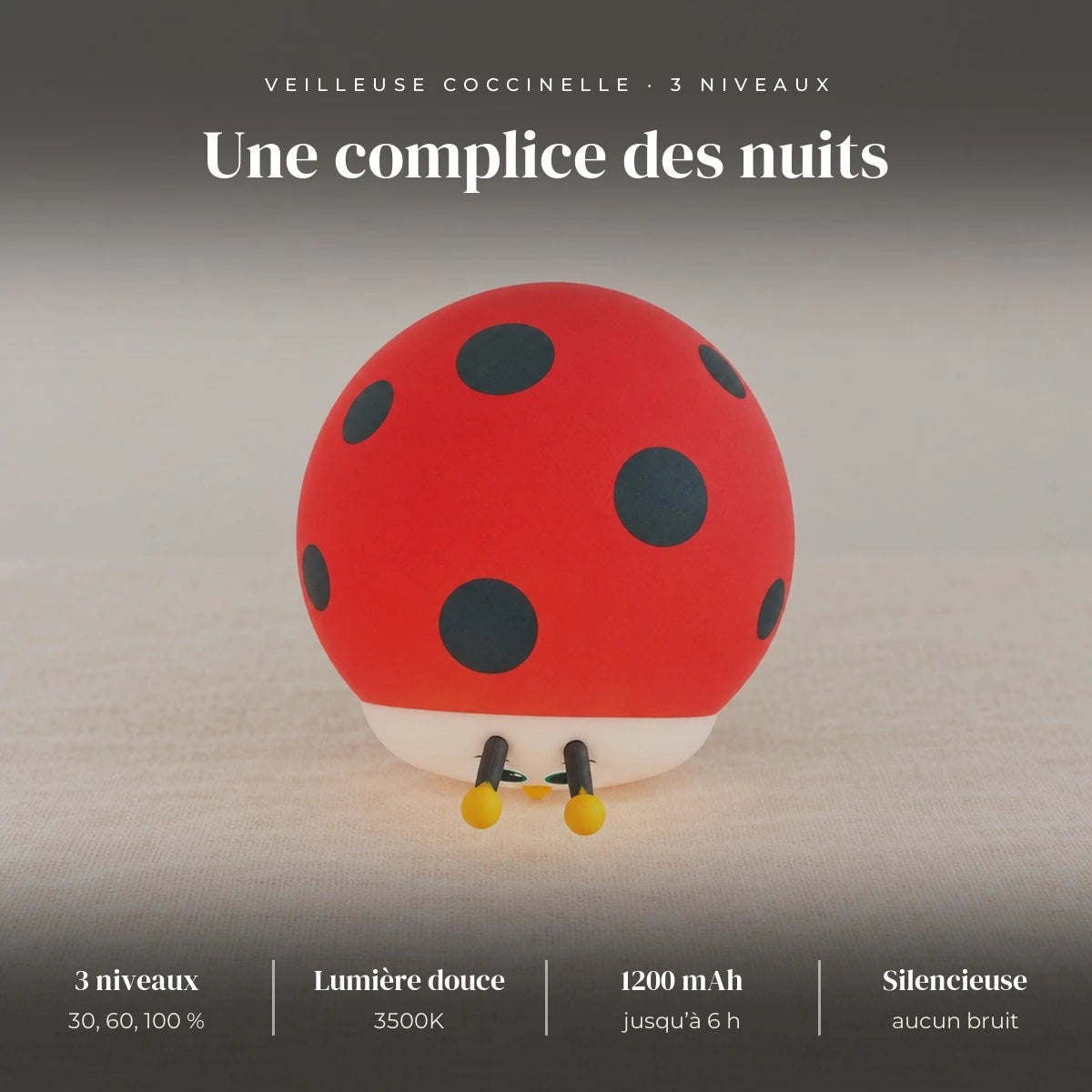 Veilleuse coccinelle rouge tactile : ABS et silicone, LED 3500K, 3 niveaux (30, 60, 100 %), pression sur la coque