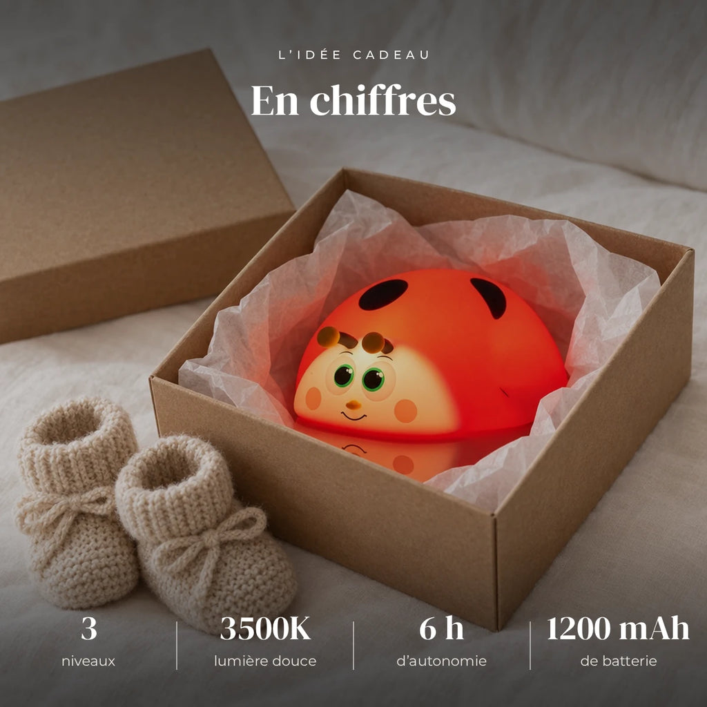 Veilleuse coccinelle rouge tactile dans sa boîte cadeau, idée cadeau de naissance