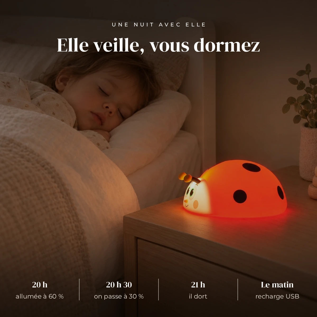 Veilleuse coccinelle rouge tactile qui éclaire doucement la chambre pendant que l’enfant dort