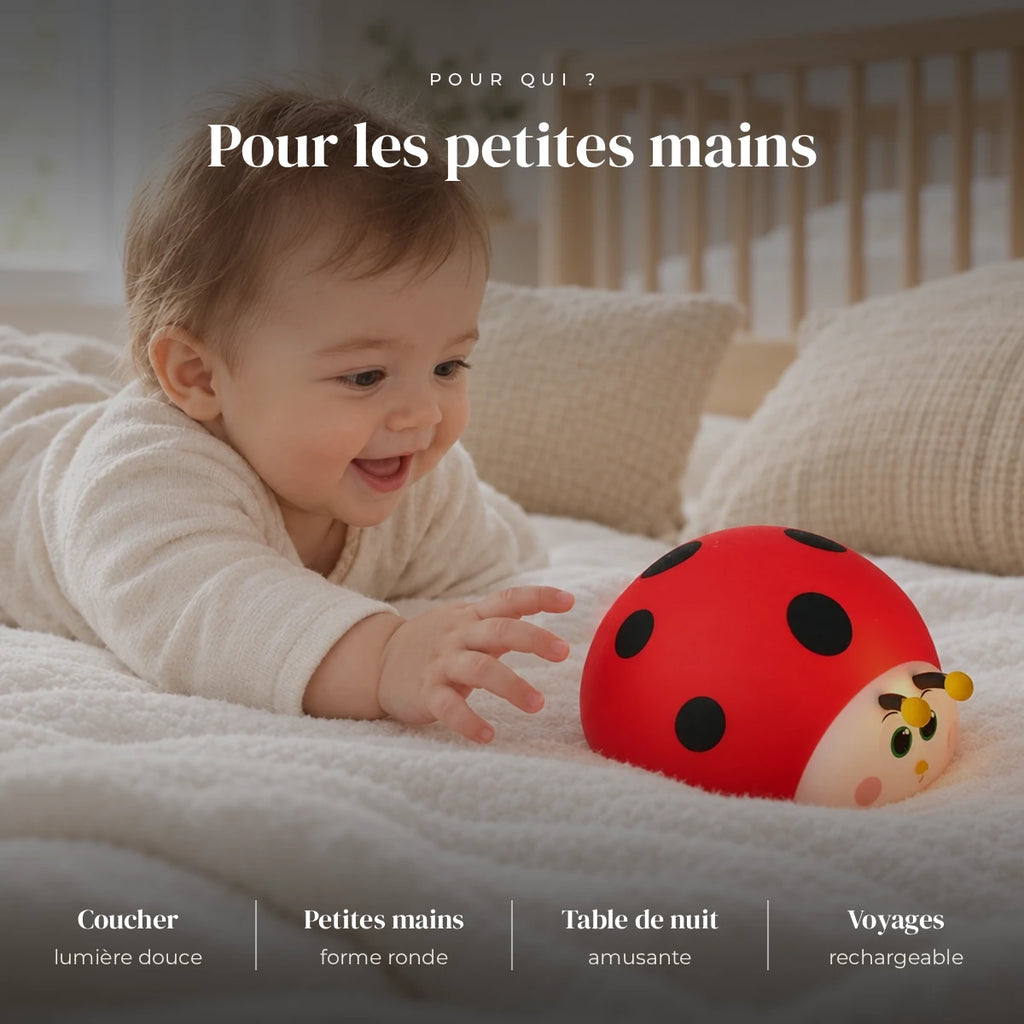 Veilleuse coccinelle rouge tactile utilisée la nuit dans la chambre de bébé