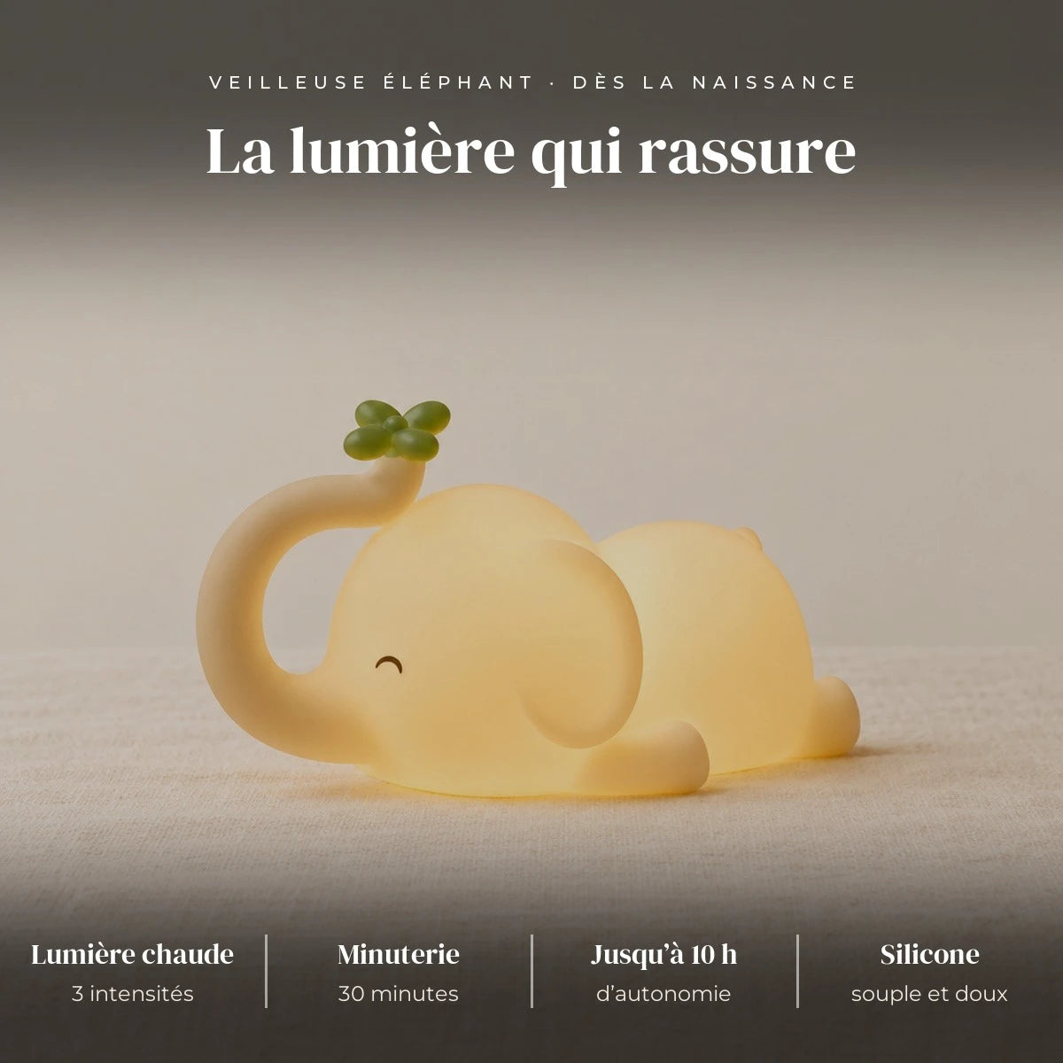 Veilleuse éléphant bébé tactile : silicone souple, LED chaude, 3 intensités (30, 60, 100 %), 30 minutes