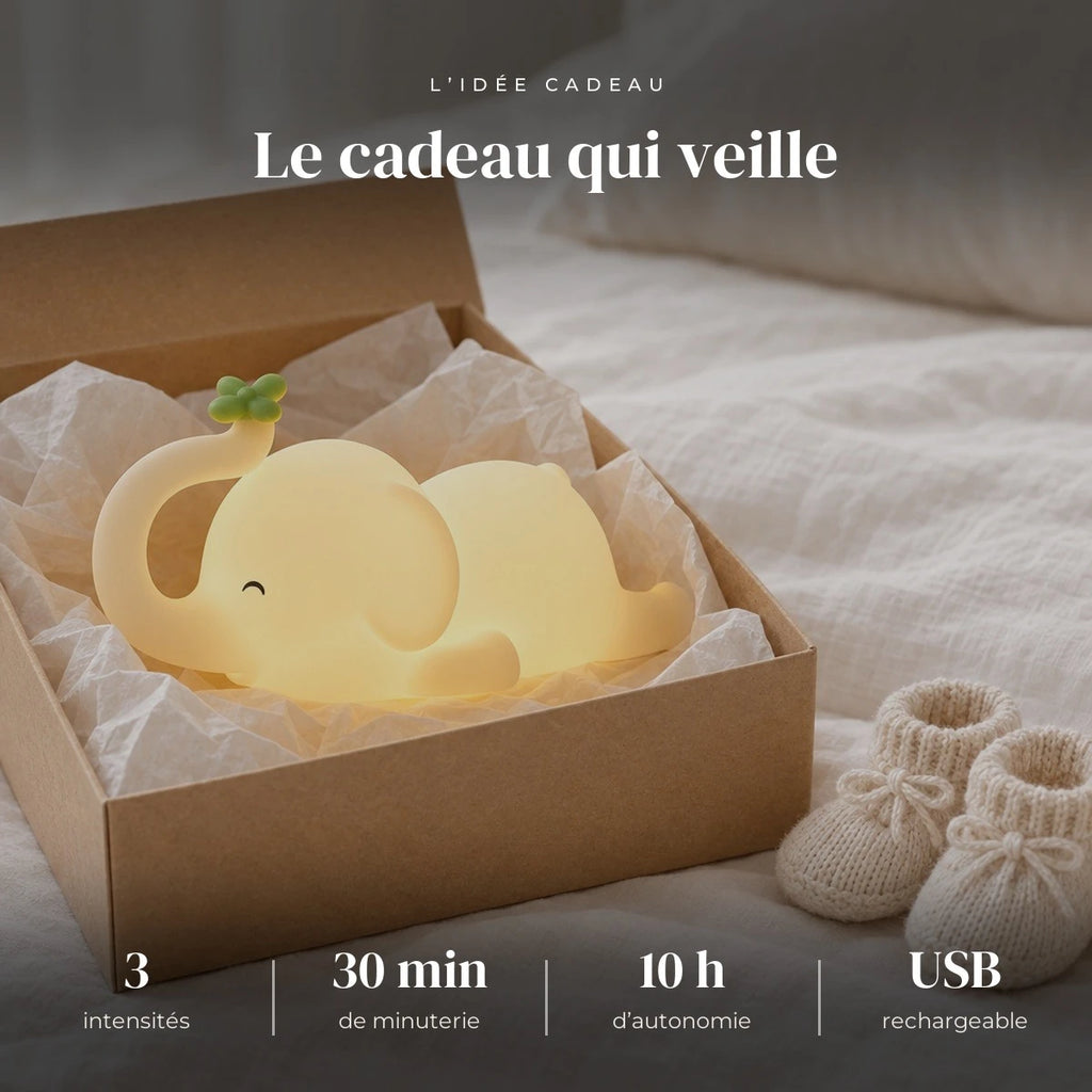 Veilleuse éléphant bébé tactile dans sa boîte cadeau, idée cadeau de naissance