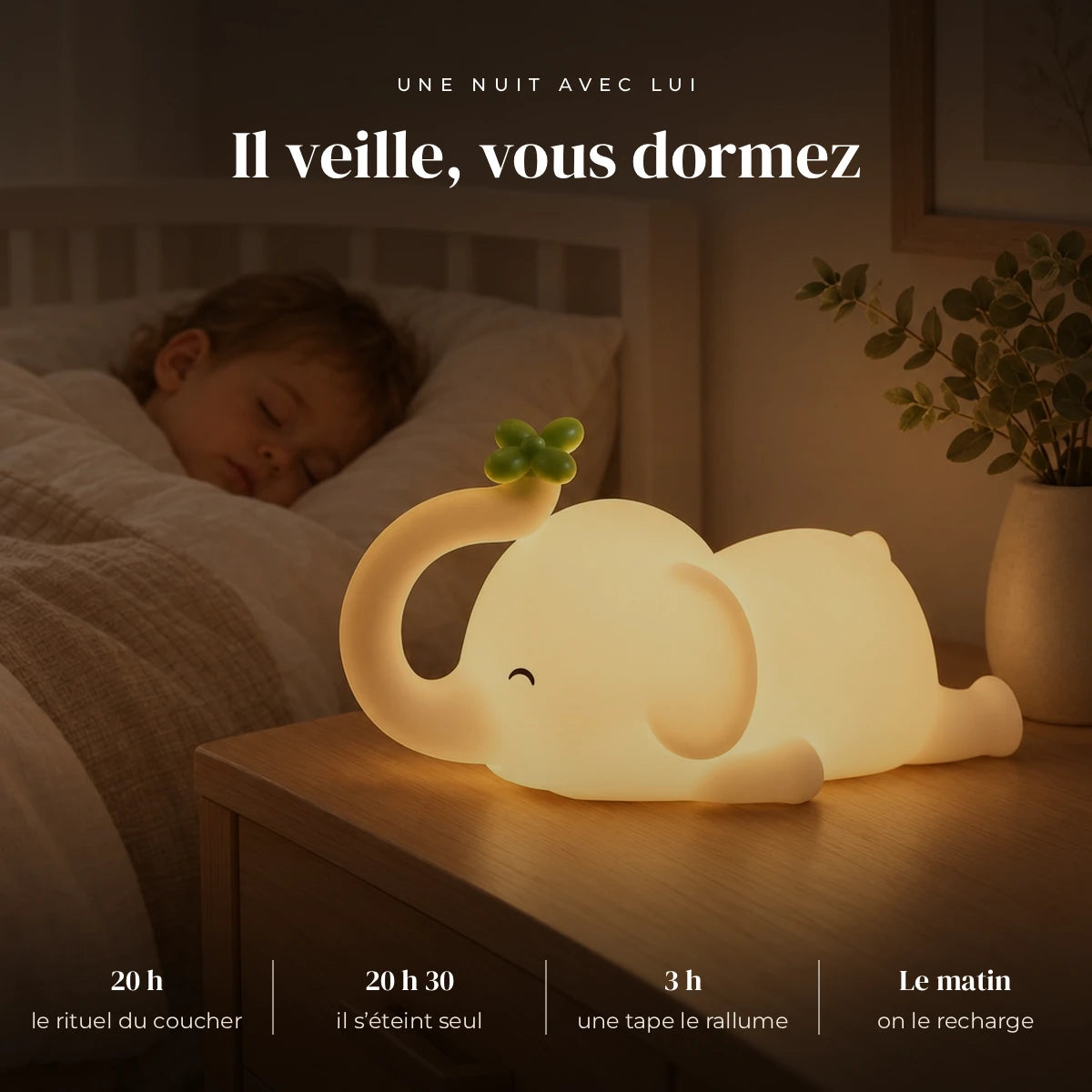Veilleuse éléphant bébé tactile qui éclaire doucement la chambre pendant que l’enfant dort