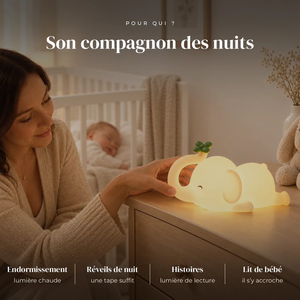 Veilleuse éléphant bébé tactile utilisée la nuit dans la chambre de bébé
