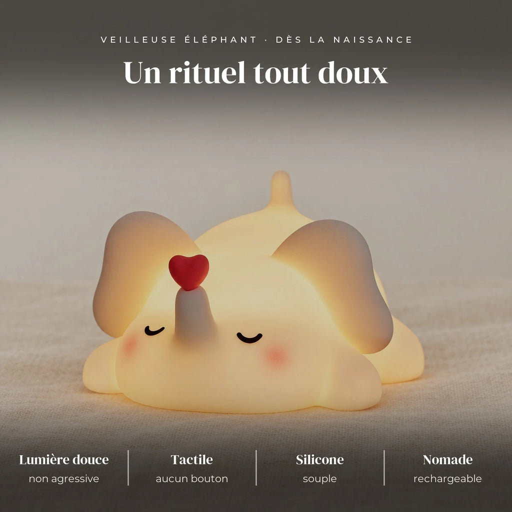 Veilleuse éléphant en silicone : silicone souple, LED douce, tactile