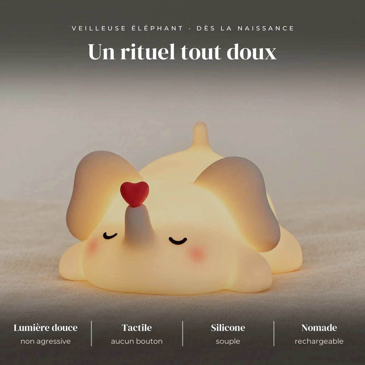 Veilleuse éléphant en silicone : silicone souple, LED douce, tactile