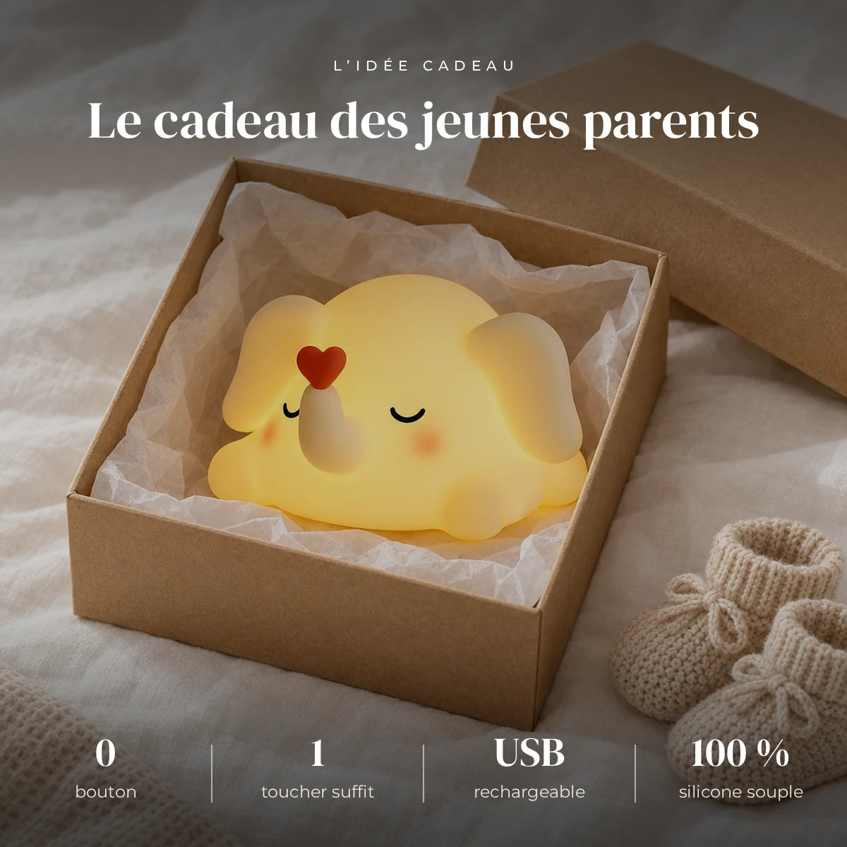 Veilleuse éléphant en silicone dans sa boîte cadeau, idée cadeau de naissance