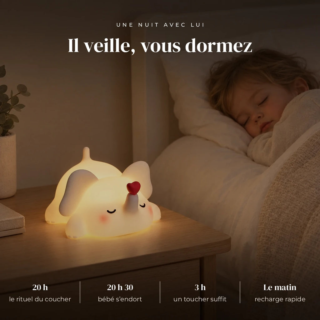 Veilleuse éléphant en silicone qui éclaire doucement la chambre pendant que l’enfant dort