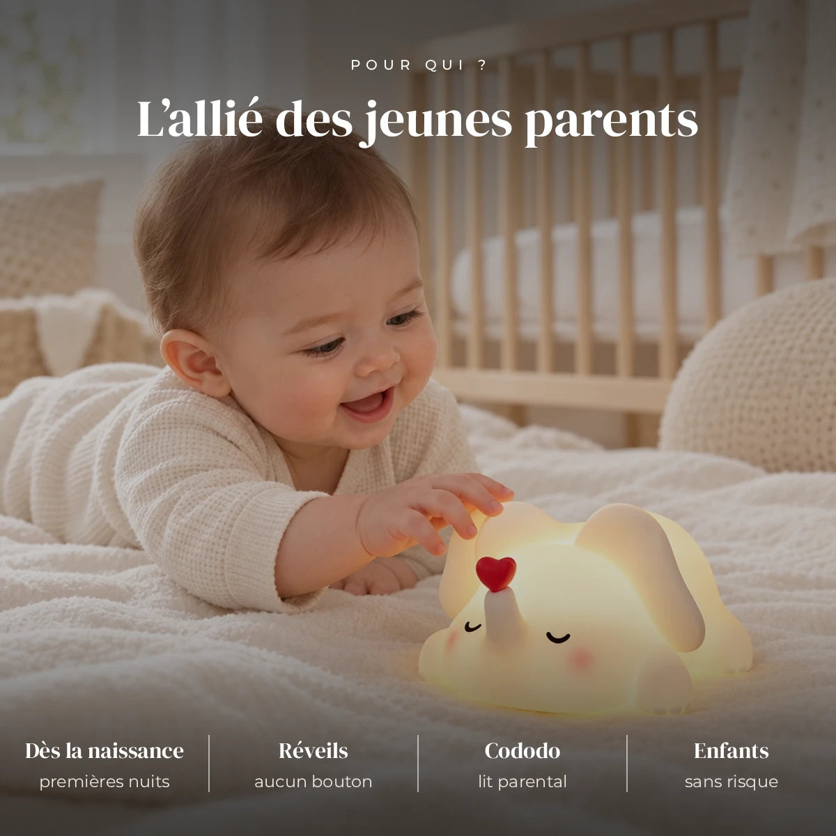 Veilleuse éléphant en silicone utilisée la nuit dans la chambre de bébé