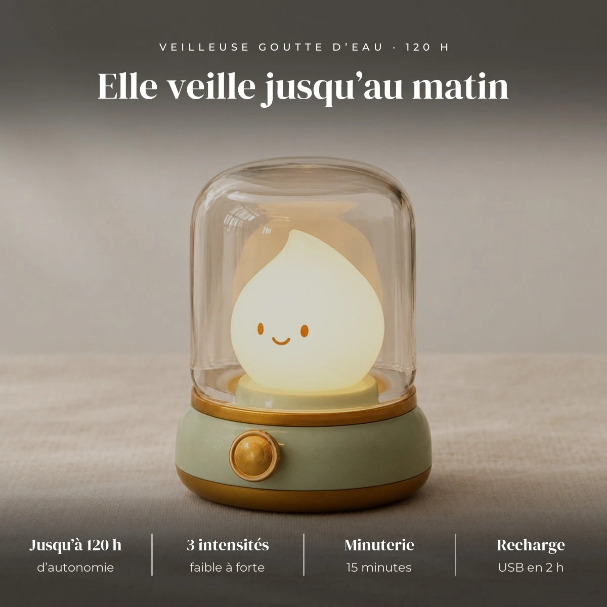 Veilleuse goutte d'eau : ABS et silicone, LED, 3 intensités, 15 minutes