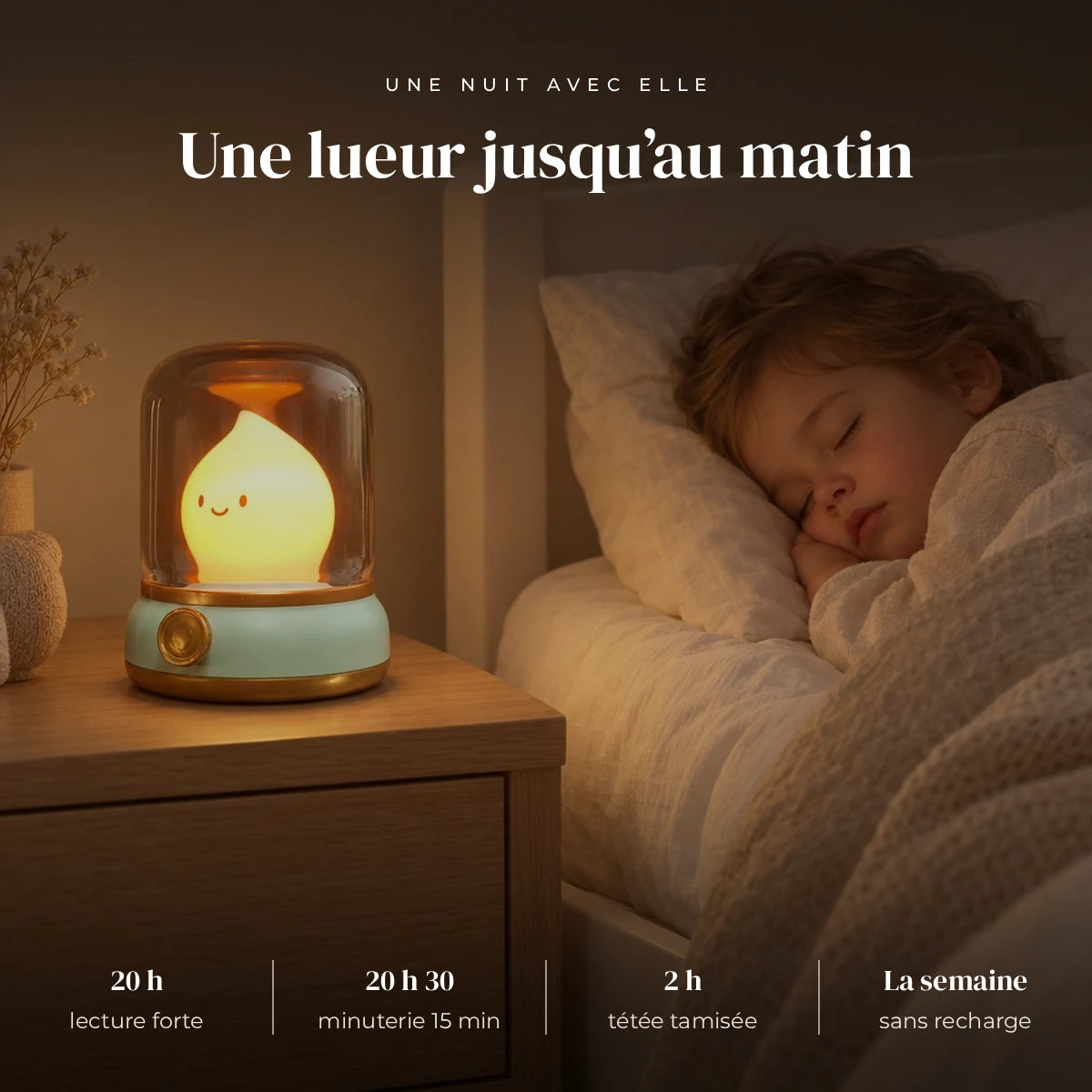 Veilleuse goutte d'eau qui éclaire doucement la chambre pendant que l’enfant dort