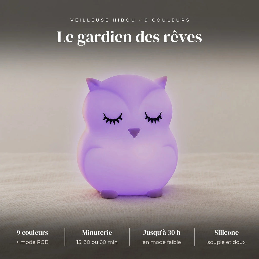Veilleuse hibou bébé en silicone : silicone souple, 9 couleurs + mode RGB, intensité réglable, 15, 30 ou 60 min