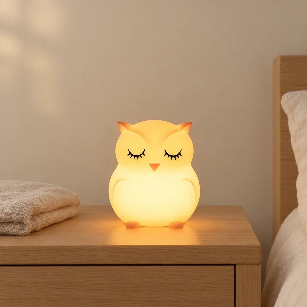 Veilleuse hibou bébé en silicone allumée sur une table de chevet en chêne dans une chambre d’enfant