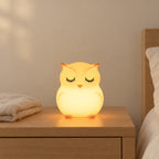 Veilleuse hibou bébé en silicone allumée sur une table de chevet en chêne dans une chambre d’enfant