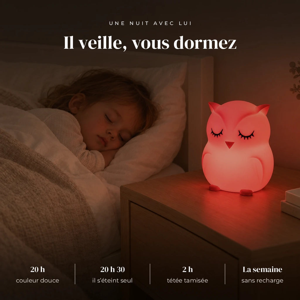 Veilleuse hibou bébé en silicone qui éclaire doucement la chambre pendant que l’enfant dort