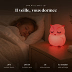 Veilleuse hibou bébé en silicone qui éclaire doucement la chambre pendant que l’enfant dort