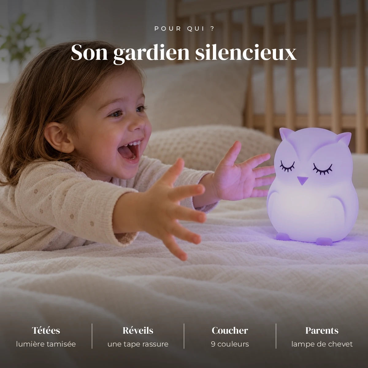 Veilleuse hibou bébé en silicone utilisée la nuit dans la chambre de bébé